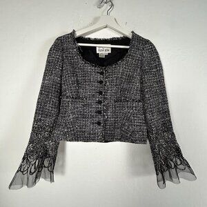 Rickie Freeman Teri Jon Womens Black White Tweed Jacket with Sheer Cuff Size 4